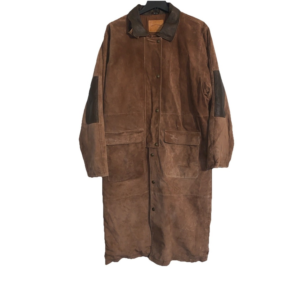VTG Zeidler & Zeidler Leather Trench Coat Mens XL Stockman Brown Patches Western